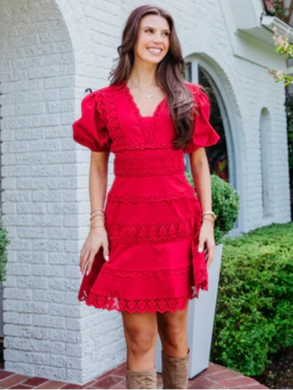 Karlie Red Lace Trim Puff Sleeve Dress